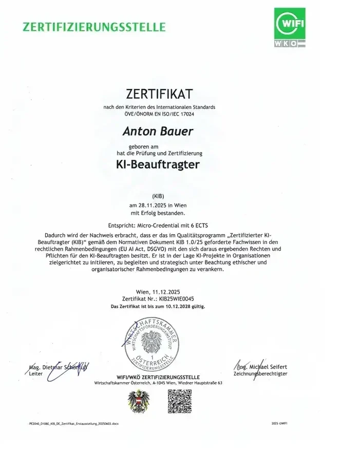WIFI Zertifikat KI-Beauftragter Anton Bauer nach ISO 17024